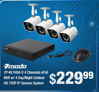 ZP-KE1H04-S 4 Channels sPoE NVR w/ 4 Day/Night Outdoor HD 720P IP Camera System