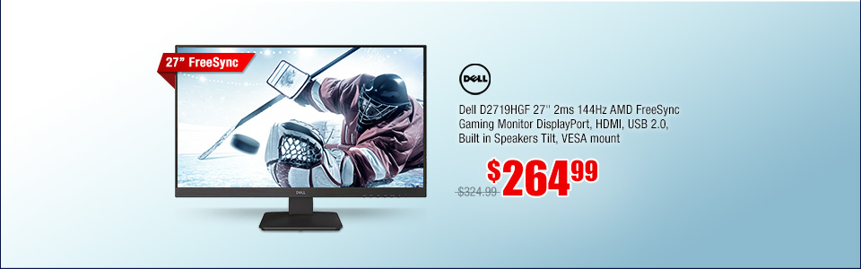Dell D2719HGF 27" 2ms 144Hz AMD FreeSync Gaming Monitor DisplayPort, HDMI, USB 2.0, Built in Speakers Tilt, VESA mount