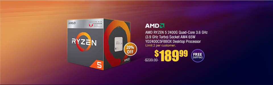 AMD RYZEN 5 2400G Quad-Core 3.6 GHz (3.9 GHz Turbo) Socket AM4 65W YD2400C5FBBOX Desktop Processor
