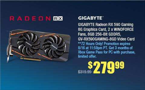 GIGABYTE Radeon RX 590 Gaming 8G Graphics Card, 2 x WINDFORCE Fans, 8GB 256-Bit GDDR5, GV-RX590GAMING-8GD Video Card