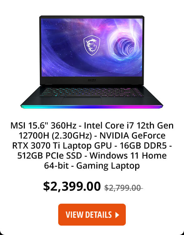 MSI 15.6" 360 Hz - Intel Core i7 12th Gen 12700H (2.30GHz) - NVIDIA GeForce RTX 3070 Ti Laptop GPU - 16 GB DDR5 - 512 GB PCIe SSD - Windows 11 Home 64-bit - Gaming Laptop 