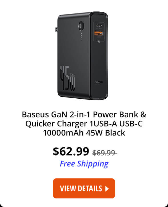 Baseus GaN 2 in 1 Power bank & Quicker Charger 1USB-A USB-C 10000mAh 45W Black