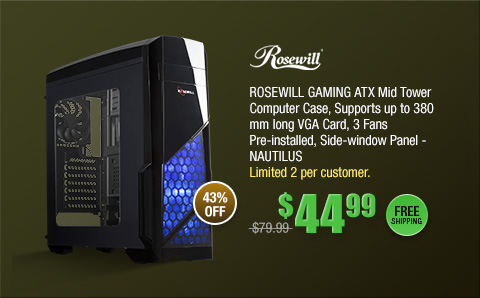 ROSEWILL GAMING ATX Mid Tower Computer Case, Supports up to 380 mm long VGA Card, 3 Fans Pre-installed, Side-window Panel - NAUTILUS 