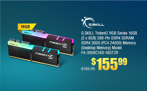 G.SKILL TridentZ RGB Series 16GB (2 x 8GB) 288-Pin DDR4 SDRAM DDR4 3000 (PC4 24000) Memory (Desktop Memory) Model F4-3000C16D-16GTZR