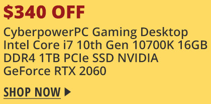 CyberpowerPC Gaming Desktop Intel Core i7 10th Gen 10700K 16GB DDR4 1TB PCIe SSD NVIDIA GeForce RTX 2060 