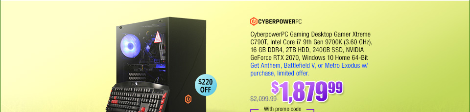 CyberpowerPC Gaming Desktop Gamer Xtreme C790T, Intel Core i7 9th Gen 9700K (3.60 GHz), 16 GB DDR4, 2TB HDD, 240GB SSD, NVIDIA GeForce RTX 2070, Windows 10 Home 64-Bit