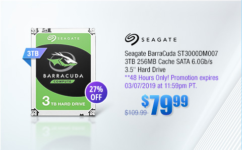 Seagate BarraCuda ST3000DM007 3TB 256MB Cache SATA 6.0Gb/s 3.5" Hard Drive