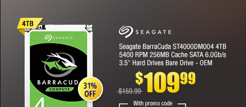 Seagate BarraCuda ST4000DM004 4TB 5400 RPM 256MB Cache SATA 6.0Gb/s 3.5" Hard Drives Bare Drive - OEM