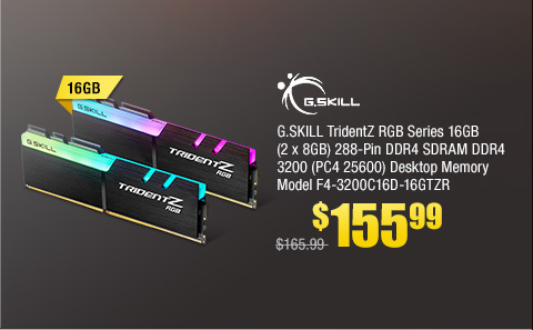 G.SKILL TridentZ RGB Series 16GB (2 x 8GB) 288-Pin DDR4 SDRAM DDR4 3200 (PC4 25600) Desktop Memory Model F4-3200C16D-16GTZR