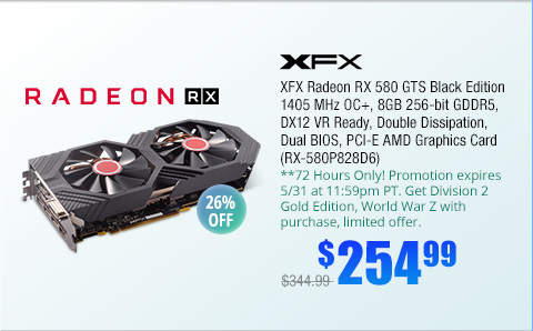 XFX Radeon RX 580 GTS Black Edition 1405 MHz OC+, 8GB 256-bit GDDR5, DX12 VR Ready, Double Dissipation, Dual BIOS, PCI-E AMD Graphics Card