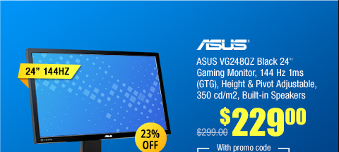 ASUS VG248QZ Black 24" Gaming Monitor, 144 Hz 1ms (GTG), Height & Pivot Adjustable, 350 cd/m2, Built-in Speakers