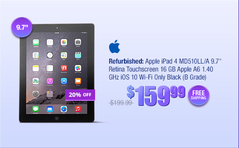 Refurbished: Apple iPad 4 MD510LL/A 9.7" Retina Touchscreen 16 GB Apple A6 1.40 GHz iOS 10 Wi-Fi Only Black (B Grade)