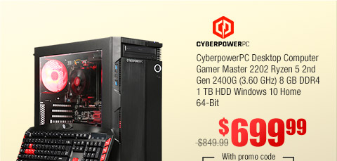 CyberpowerPC Desktop Computer Gamer Master 2202 Ryzen 5 2nd Gen 2400G (3.60 GHz) 8 GB DDR4 1 TB HDD Windows 10 Home 64-Bit