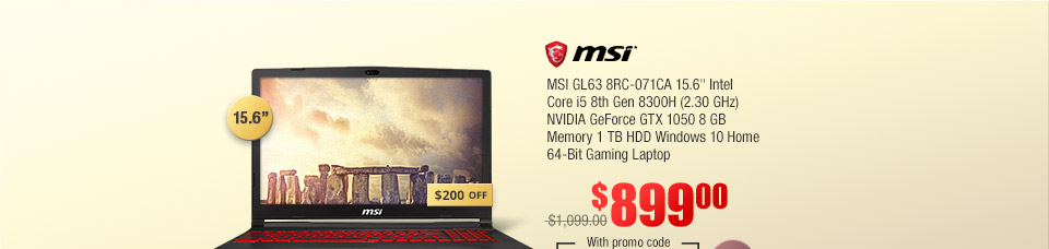 MSI GL63 8RC-071CA 15.6" Intel Core i5 8th Gen 8300H (2.30 GHz) NVIDIA GeForce GTX 1050 8 GB Memory 1 TB HDD Windows 10 Home 64-Bit Gaming Laptop