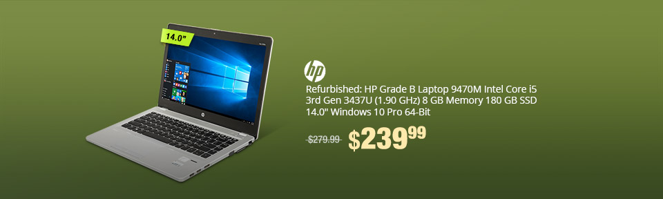 Refurbished: HP Grade B Laptop 9470M Intel Core i5 3rd Gen 3437U (1.90 GHz) 8 GB Memory 180 GB SSD 14.0" Windows 10 Pro 64-Bit