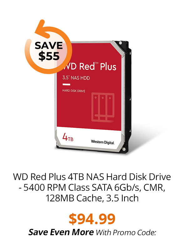 WD Red Plus 4TB NAS Hard Disk Drive - 5400 RPM Class SATA 6Gb/s, CMR, 128MB Cache, 3.5 Inch