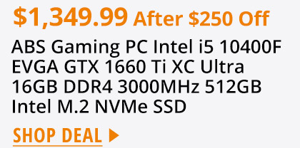 ABS Gaming PC Intel i5 10400F EVGA GTX 1660 Ti XC Ultra 16GB DDR4 3000MHz 512GB Intel M.2 NVMe SSD